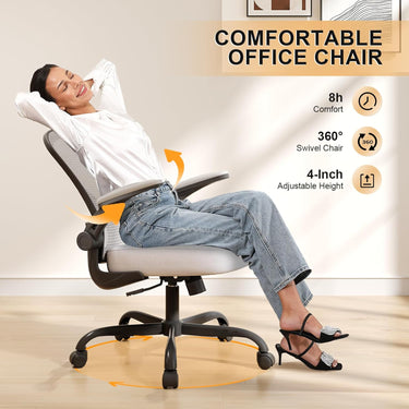 Office Desk Chair, Ergonomic Chairs with Wheels 330LBS Capacity, High Back Mesh Chair for Home Office, Adjustable Lumbar Support, Flip-up Armrests, Comfortable Work Chairs for Back Pain, Grey