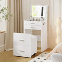 3 in 1 Vanity Desk, Compact Vanity with 3 Drawers, Makeup Desk with Flip-up 3 Colors Lighting Mirror and Cushioned Stool, Small Vanity Nightstand Perfect for Bedroom, White