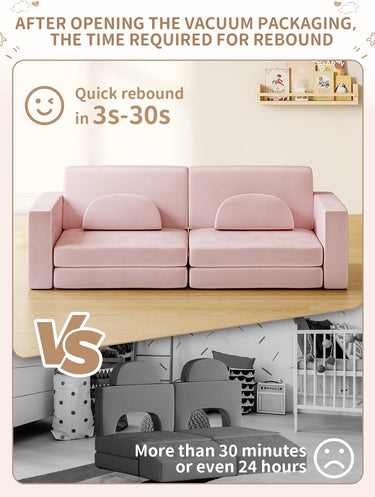 Modular Kids Play Couch 10PCS, Kids Couch 3s Instant Inflating, Nugget Couch Kids for Boys and Girls, Creative and Convertible Kids Couch for Playroom, Bedroom, Classroom, Pink