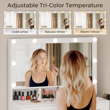 Makeup Vanity with Hidden Storage, Vanity Mirror Desk Set with Lights and Cushioned Stool for Women Girls, White Vanity Table for Bedroom with Power Outlet, Drawers, Cabinet and Shelves