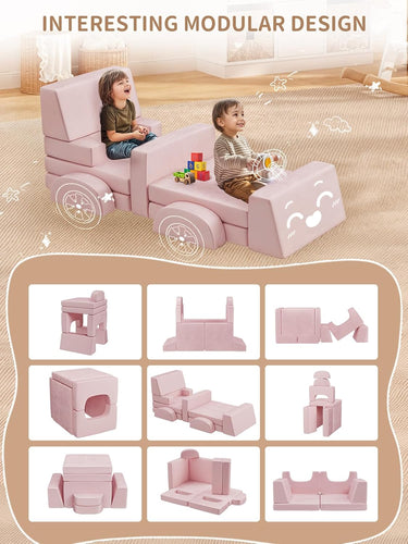 Modular Kids Play Couch 10PCS, Kids Couch 3s Instant Inflating, Nugget Couch Kids for Boys and Girls, Creative and Convertible Kids Couch for Playroom, Bedroom, Classroom, Pink