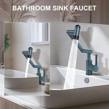 1080° Rotatable Bathroom Faucet, 1 Hole Single Handle Bathroom Faucet with 4 Water Outlet Modes, Brushed Swivel Arm Faucet for Bathroom Kitchen and RV