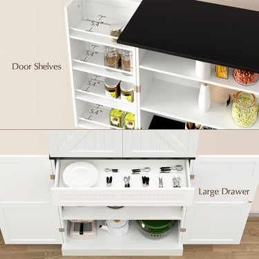 72" Tall Pantry Cabinet, 31.5" W Larger Farmhouse Kitchen Pantry Cabinet with Barn Doors, Hidden Drawer and 4 Shelves, Wood Versatile Storage Cabinet for Kitchen, Dining Room, Living Room