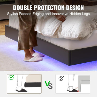 Queen Size Floating Bed Frame with LED Lights, Black Upholstered and Metal Platform Bed Queen, Modern Stable Floating Bed Frame Without Headboard, No Box Spring Needed, Easy to Assemble