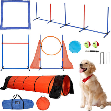 Dog Agility Training Equipment, Dog Outdoor Game Set with Tunnel, Agility Hurdle, Weave Poles, Jump Ring, Pause Box, Toy Balls and Storage Bag, Perfect Obstacle Course Backyard Set Indoor & Outdoor