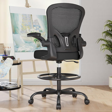Synorla Ergonomic Drafting Chair, Tall Office Chair with Flip-up Armrests, Breathable Mesh High Desk Chair with Lumbar Support Adjustable Footrest Ring for Standing Desk, Home Office Studio