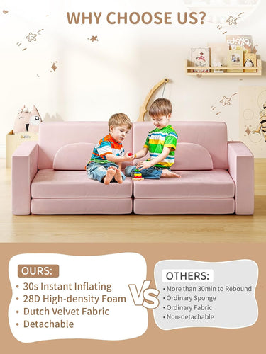 Modular Kids Play Couch 10PCS, Kids Couch 3s Instant Inflating, Nugget Couch Kids for Boys and Girls, Creative and Convertible Kids Couch for Playroom, Bedroom, Classroom, Pink