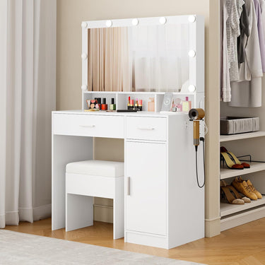 Makeup Vanity with Hidden Storage, Vanity Mirror Desk Set with Lights and Cushioned Stool for Women Girls, White Vanity Table for Bedroom with Power Outlet, Drawers, Cabinet and Shelves