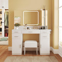 Vanity Desk with Mirror and Lights, Vanity Tables with 7 Drawers, Makeup Vanity with Tri-Folding 3 Colors Lighting Mirror and Cushioned Stool, Big Vanities Perfect for Bedroom, White