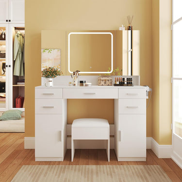 Vanity Desk with Mirror and Lights, Vanity Tables with 7 Drawers, Makeup Vanity with Tri-Folding 3 Colors Lighting Mirror and Cushioned Stool, Big Vanities Perfect for Bedroom, White