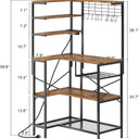 L-Shaped Bakers Rack with Power Outlet, 6-Tier Microwave Stand with Open Storage, Coffee Bar with Hooks, Mesh Grid, Kitchen Shelf with Wire Basket, Rustic Brown and Black