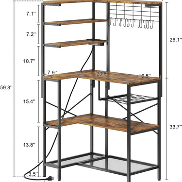 L-Shaped Bakers Rack with Power Outlet, 6-Tier Microwave Stand with Open Storage, Coffee Bar with Hooks, Mesh Grid, Kitchen Shelf with Wire Basket, Rustic Brown and Black