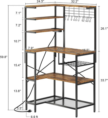 L-Shaped Bakers Rack with Power Outlet, 6-Tier Microwave Stand with Open Storage, Coffee Bar with Hooks, Mesh Grid, Kitchen Shelf with Wire Basket, Rustic Brown and Black