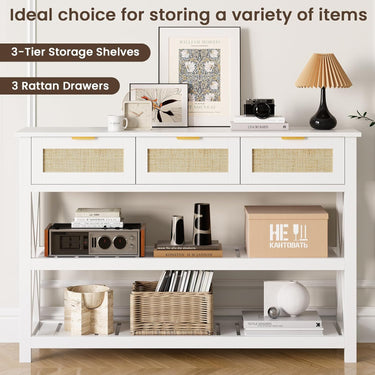 47.2" Modern Console Table with 3 Rattan Drawers, Entryway Table with 3-Tier Storage Shelves, Narrow Long Sofa Table for Entryway, Hallway, Foyer and Living Room, White