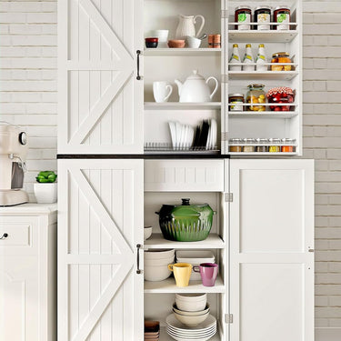 72" Tall Pantry Cabinet, 31.5" W Larger Farmhouse Kitchen Pantry Cabinet with Barn Doors, Hidden Drawer and 4 Shelves, Wood Versatile Storage Cabinet for Kitchen, Dining Room, Living Room