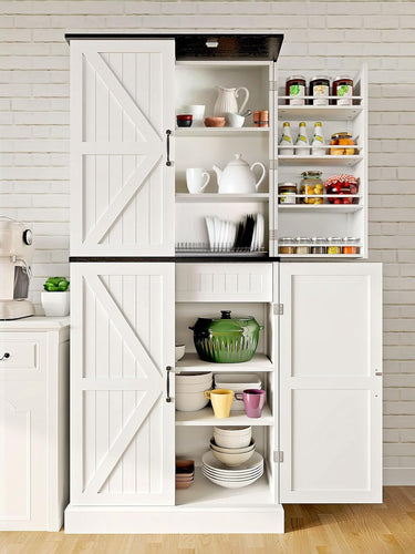 72" Tall Pantry Cabinet, 31.5" W Larger Farmhouse Kitchen Pantry Cabinet with Barn Doors, Hidden Drawer and 4 Shelves, Wood Versatile Storage Cabinet for Kitchen, Dining Room, Living Room