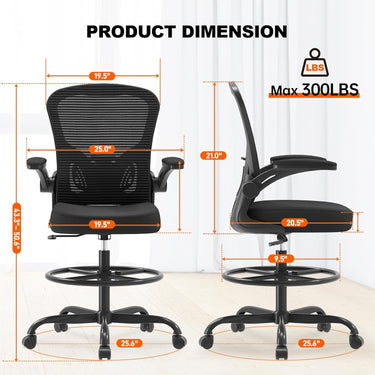 Synorla Ergonomic Drafting Chair, Tall Office Chair with Flip-up Armrests, Breathable Mesh High Desk Chair with Lumbar Support Adjustable Footrest Ring for Standing Desk, Home Office Studio