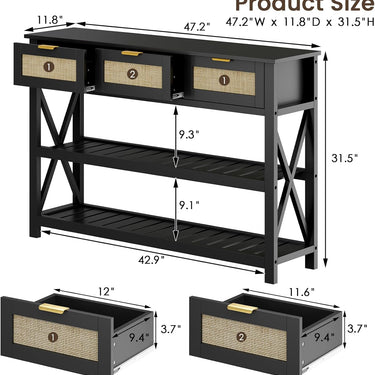47.2" Modern Console Table with 3 Rattan Drawers, Entryway Table with 3-Tier Storage Shelves, Narrow Long Sofa Table for Entryway, Hallway, Foyer and Living Room, Black