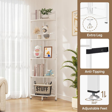 Corner Shelf Stand, 5-Tier Corner Shelf with LED Light, 70 Inch Tall Display Shelf for Living Room, Bedroom, Bookshelf, Industrial Shelf with Steel Frame, Plant Shelf (White)