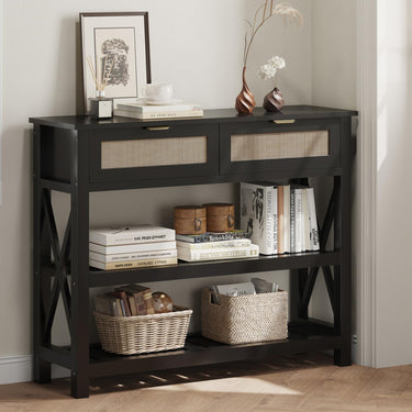 Console Table with 2 Rattan Drawers, Entryway Table with 3-Tier Storage Shelves, Narrow Long Sofa Table for Entryway, Hallway, Foyer and Living Room, White