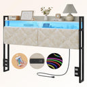 Headboard Queen Size with 2-Tier Open Storage and LED Light, Upholstered Headboard with Charging Station, Height Adjustable Sturdy Queen Bed Head Only for Dorm Bedroom, Easy Assembly, Black