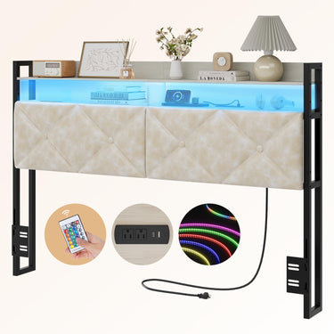 Headboard Queen Size with 2-Tier Open Storage and LED Light, Upholstered Headboard with Charging Station, Height Adjustable Sturdy Queen Bed Head Only for Dorm Bedroom, Easy Assembly, Black