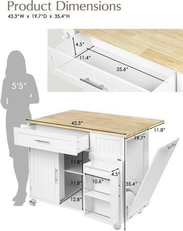 Kitchen Island with Storage, 31.5" D Rolling Kitchen Island Cart on Wheels with Widen Drop Leaf Rubberwood Top, Large Mobile Kitchen Island with Trash Can Storage and Towel Bar, White