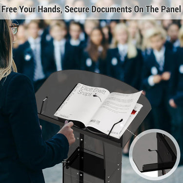 Acrylic Podium Stand，49“ Tall Portable Podium with Lockable Wheels, Black lecterns & Podium with Storage Shelf for Classroom, Pulpit Podium for Church,Wedding,Presentation