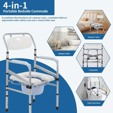 Bedside Commode, 4 in 1 Portable Toilet for Adults with Upgraded Oversized Bucket and Padded Seat, Adjustable Height Commode Toilet Chair Shower Chair for Elderly Handicap, 440LB.Weight Capacity
