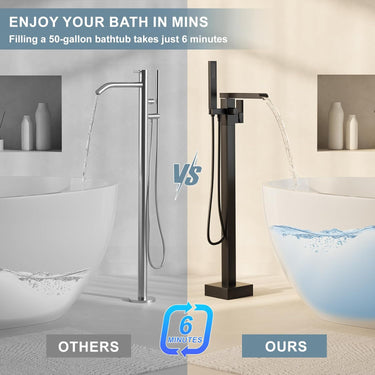Waterfall Free Standing Tub Faucet, High Pressure Floor Mount Bathtub Faucet, Brass Tub Filler with Hand Shower, High Flow Rate Max 7.4 GPM, Swivel Spout with 2 Water Modes