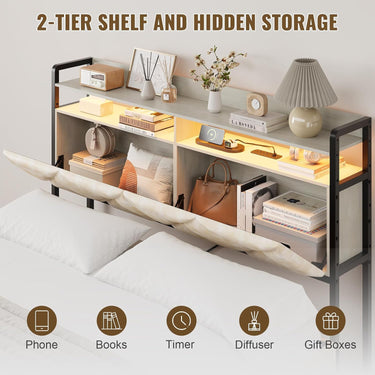 Headboard Queen Size with 2-Tier Open Space and Pull-Out Hidden Storage, Upholstered Headboard with Charging Station, Height Adjustable Sturdy Queen Bed Head Only, Easy Assembly, Ivory