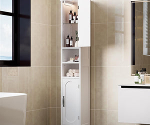 67“ Tall Bathroom Storage Cabinet with Lights, Slim Narrow Bathroom Cabinet Organizer with Doors and Adjustable Shelves, Freestanding Towel Cabinet for Small Space,White