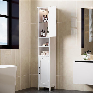 67“ Tall Bathroom Storage Cabinet with Lights, Slim Narrow Bathroom Cabinet Organizer with Doors and Adjustable Shelves, Freestanding Towel Cabinet for Small Space,White