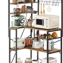 L-Shaped Bakers Rack with Power Outlet, 6-Tier Microwave Stand with Open Storage, Coffee Bar with Hooks, Mesh Grid, Kitchen Shelf with Wire Basket, Rustic Brown and Black