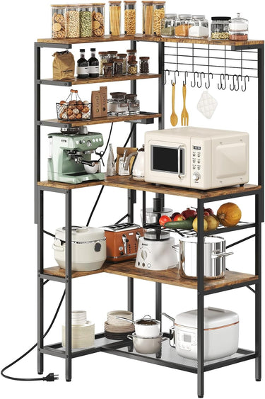 L-Shaped Bakers Rack with Power Outlet, 6-Tier Microwave Stand with Open Storage, Coffee Bar with Hooks, Mesh Grid, Kitchen Shelf with Wire Basket, Rustic Brown and Black