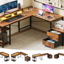 66" L Shaped Desk with Wood Drawers, 113" 2 Person Desk with Printer Stand, Large Reversible L Shape Gaming Desk with Power Outlet, Brown Computer Desk with Power Outlet for Home Office