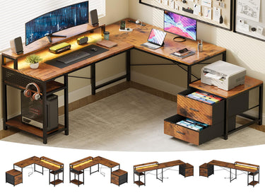 66" L Shaped Desk with Wood Drawers, 113" 2 Person Desk with Printer Stand, Large Reversible L Shape Gaming Desk with Power Outlet, Brown Computer Desk with Power Outlet for Home Office