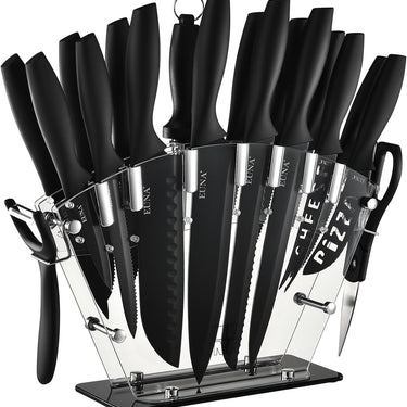EUNA Kitchen Knife Set, 19 PCS Black Knife Set with Acrylic Block and Sharpener, German High-Carbon Stainless Steel Knife Sets with 6 Serrated Steak Knives, Bread Knife, Chef Knife, Dishwasher Safe