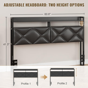 Headboard Queen Size with 2-Tier Open Storage and LED Light, Upholstered Headboard with Charging Station, Height Adjustable Sturdy Queen Bed Head Only for Dorm Bedroom, Easy Assembly, Black