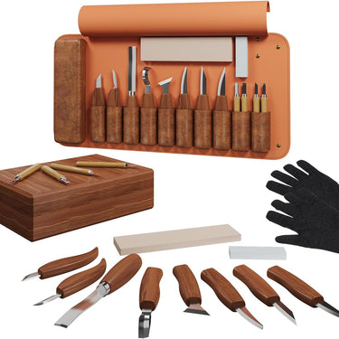 RexTact Wood Carving Kit Deluxe Hand Carving Tool Set, 16 Wood Whittling Kit High-Carbon Steel, Wood Art Tools 8 Whittling Knives & 4 Detail Carving Knives for Beginner &Professional Christmas Gift