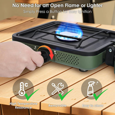 2 Burner Camping Stove with Carrying Bag,Windscreen&Table, Foldable Propane Camp Stove with 17,200 BTU for Camping, Outdoor Cooking, Portable Gas Stove with Adjustable Burner for BBQ,Green