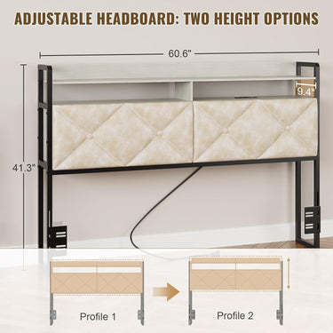 Headboard Queen Size with 2-Tier Open Space and Pull-Out Hidden Storage, Upholstered Headboard with Charging Station, Height Adjustable Sturdy Queen Bed Head Only, Easy Assembly, Ivory