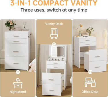 3 in 1 Vanity Desk, Compact Vanity with 3 Drawers, Makeup Desk with Flip-up 3 Colors Lighting Mirror and Cushioned Stool, Small Vanity Nightstand Perfect for Bedroom, White