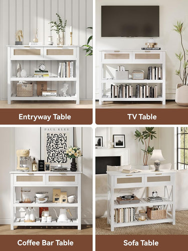 Console Table with 2 Rattan Drawers, Entryway Table with 3-Tier Storage Shelves, Narrow Long Sofa Table for Entryway, Hallway, Foyer and Living Room, White