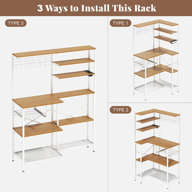 L-Shaped Bakers Rack with Power Outlet, 6-Tier Microwave Stand with Open Storage, Coffee Bar with Hooks, Mesh Grid, Kitchen Shelf with Wire Basket, White