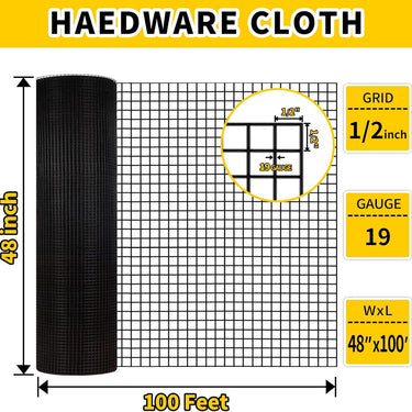 Hardware Cloth,1/2 inch 48" x 100' Chicken Wire Fencing,19 Gauge Vinyl Coated Wire Mesh Roll, Black Welded Wire Fence Roll Chicken Wire Mesh Roll for Garden Fencing Gopher Rabbit Snake Wire