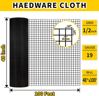 Hardware Cloth,1/2 inch 48" x 100' Chicken Wire Fencing,19 Gauge Vinyl Coated Wire Mesh Roll, Black Welded Wire Fence Roll Chicken Wire Mesh Roll for Garden Fencing Gopher Rabbit Snake Wire
