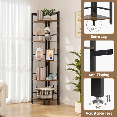OtterOsis 5-Tier Corner Shelf with LED Light, 70” Tall Corner Bookshelf, Plant Shelf, Wood Display Shelf for Living Room, Bedroom, Balcony, Kitchen (Brown)
