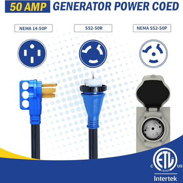 Generator Cord 50 Amp 15FT, Generator Extension Cord with Power Inlet Box and Generator Interlock Kit, NEMA 14-50P to SS2-50R STW 6/3+8/1 AWG 125/250V Twist Lock for Generator to House, ETL Listed