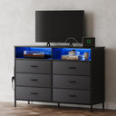 Black 6 Drawer Dresser for Bedroom with LED Lights and Charging Station, Modern Wood Dressers with Extra Side Bag, Double Wide Drawer Cabinet TV Stand for up to 60" TV for Living Room